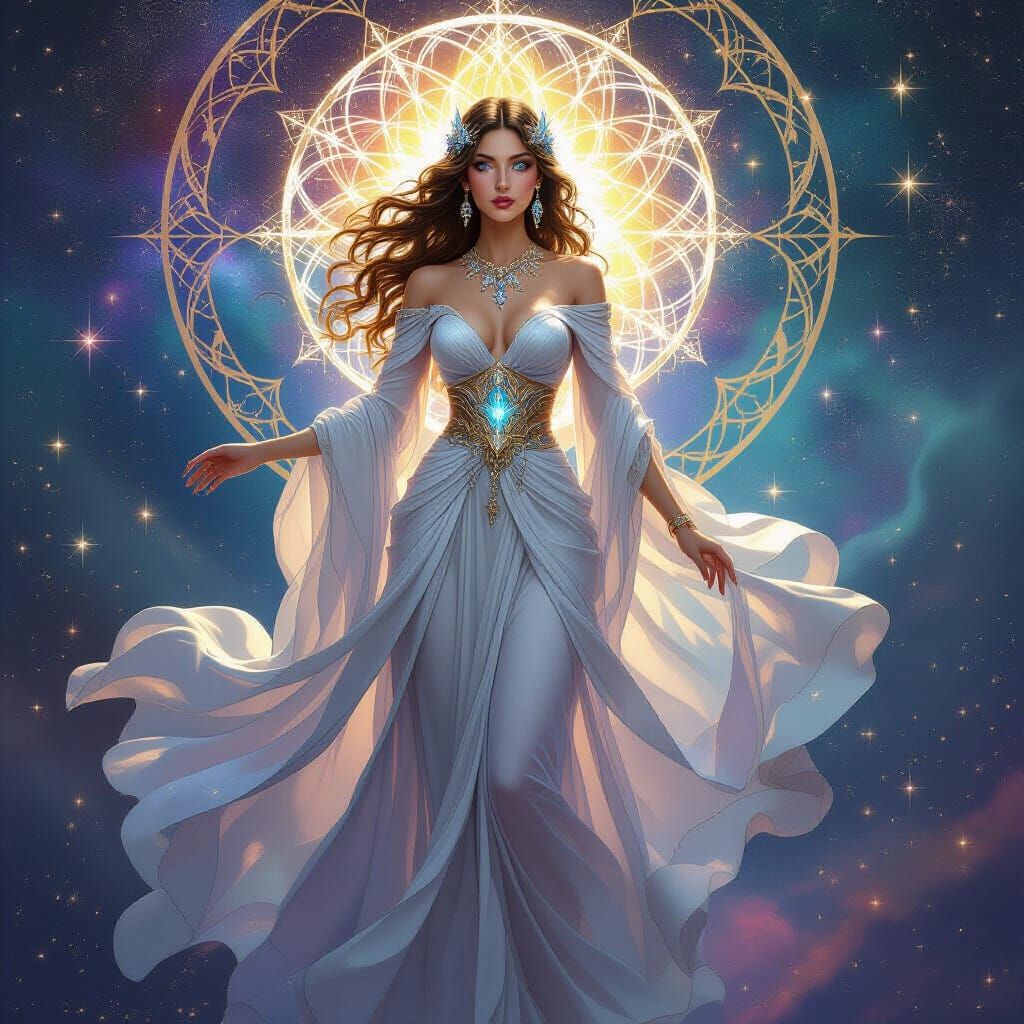 Celestial Goddess in Nebula, Art Nouveau Style