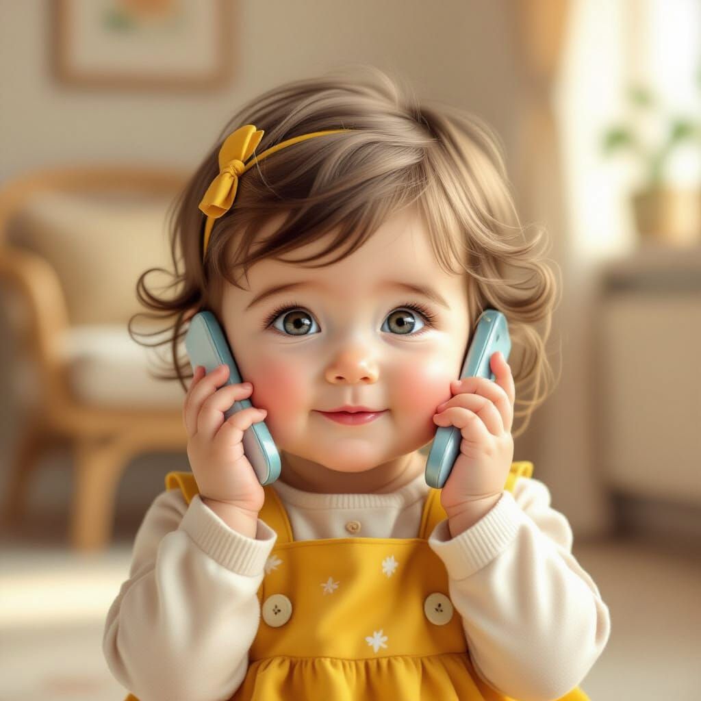 Toddler Makes Phone Call in Whimsical Illustration Style