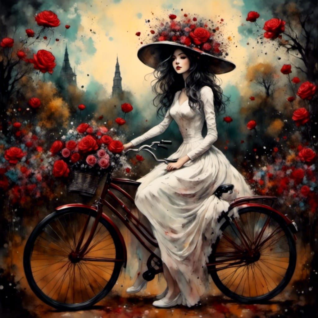 Robot Girl Rides Bike in Surrealist Garden