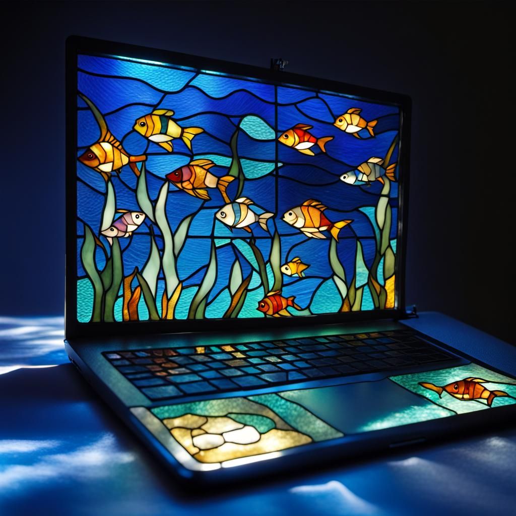 Ocean-Themed Stained Glass Window with Fish