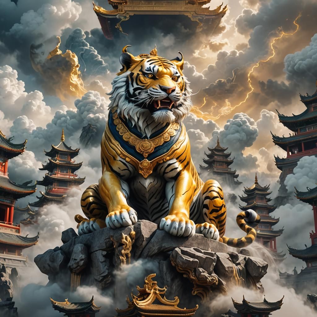 Chinese Tiger God in Divine Light, Digital Painting
