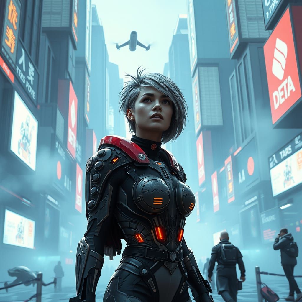 Cyberpunk Cityscape with Ultra-Realistic Woman