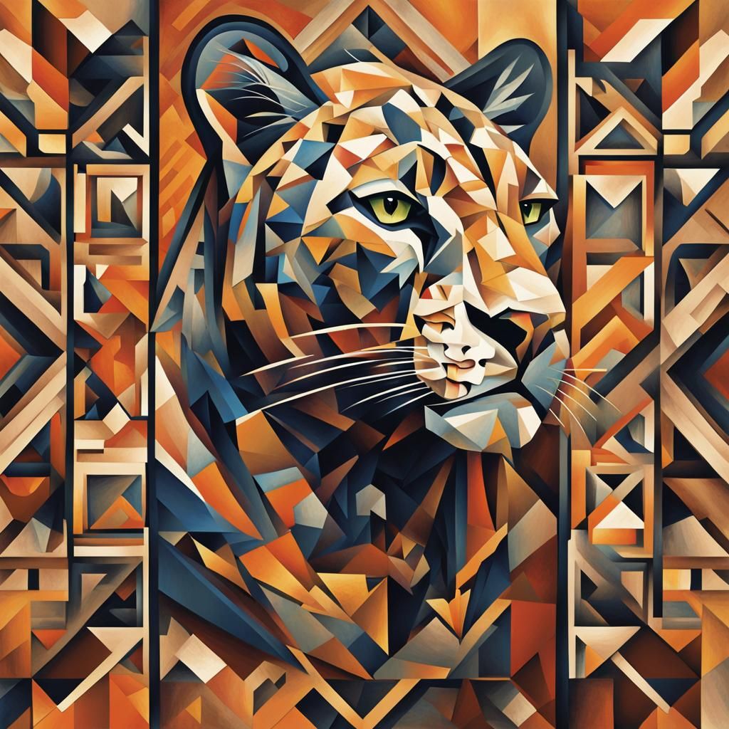 Panther Face in Cubist Style with Geometric Patterns