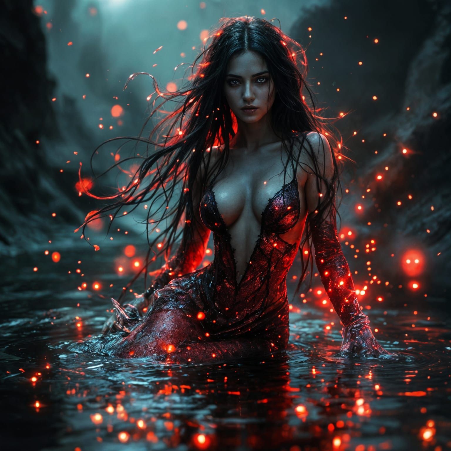 Gothic Mermaid with Red Scales in Graffiti Art Style