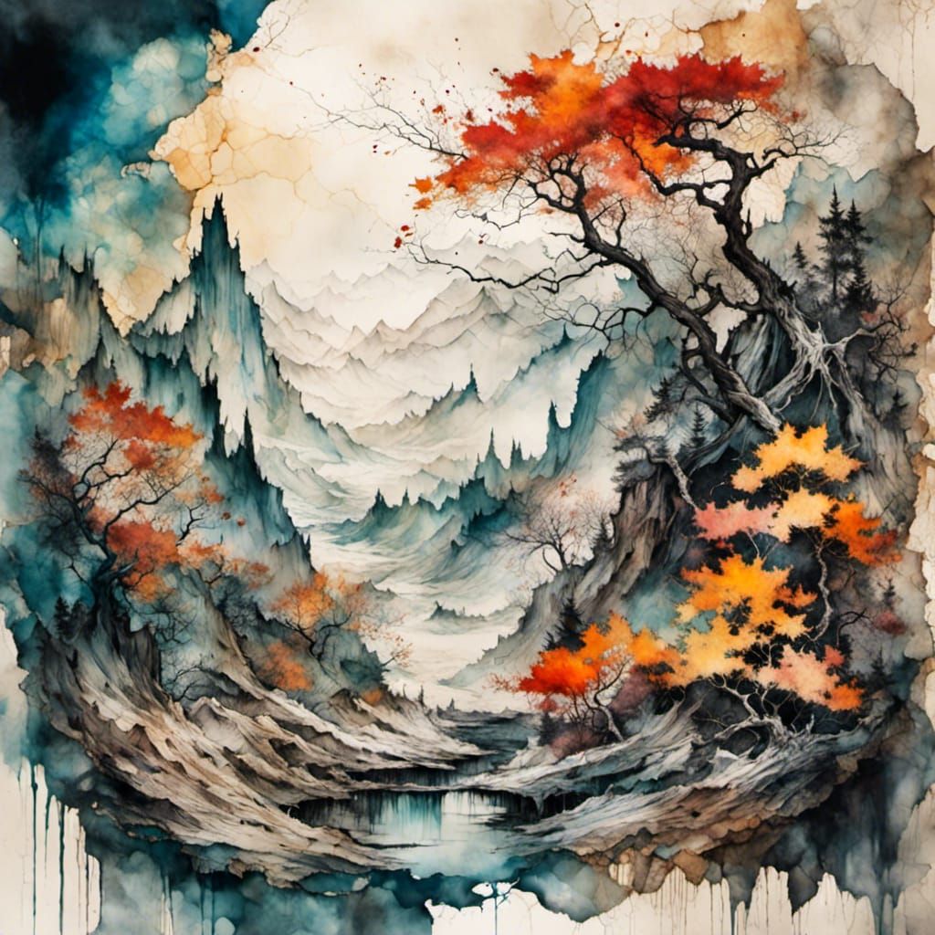 Japanese Ink Nature Scene on Collage Background