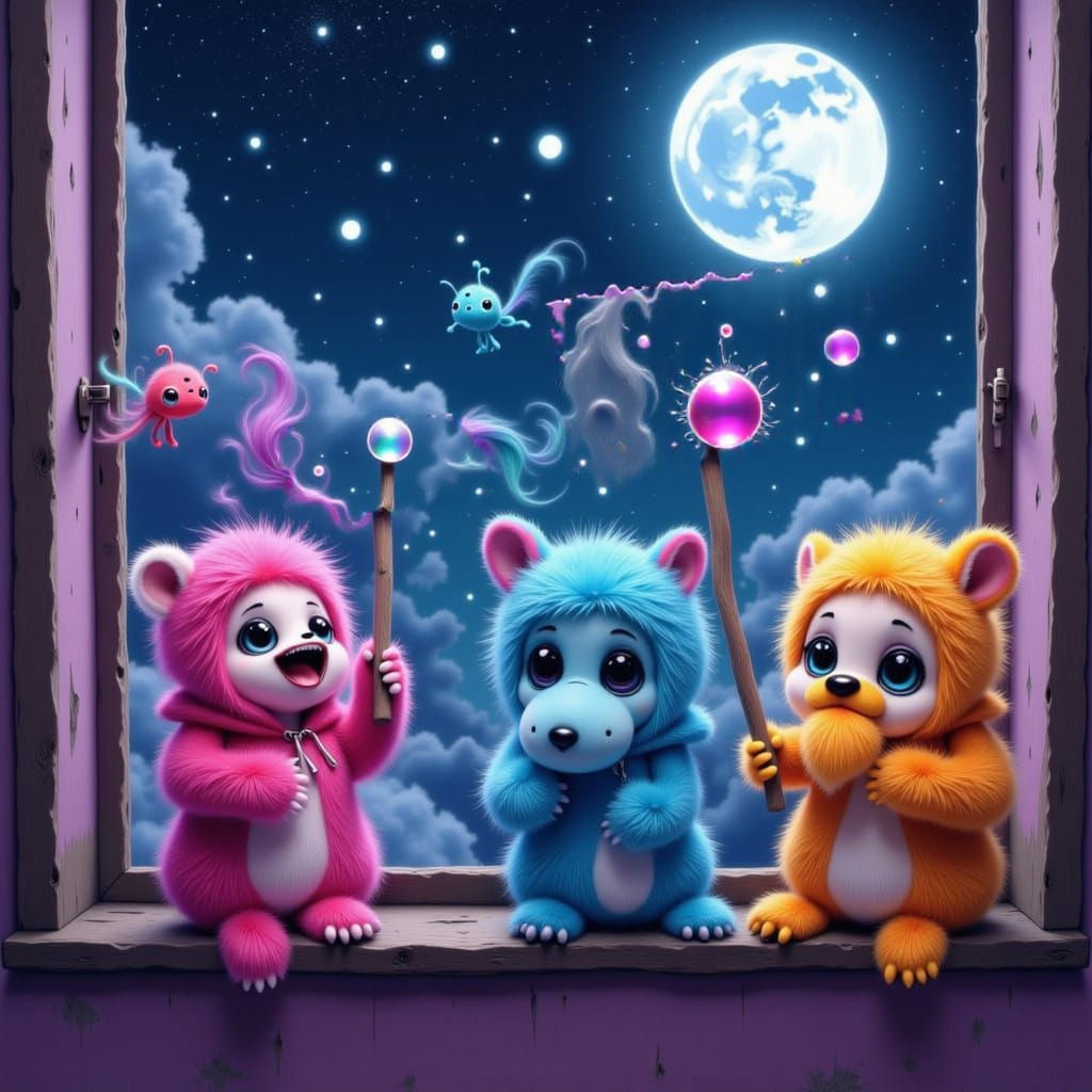 Playful Monsters Holding FanTabulous Signs Under Starry Sky