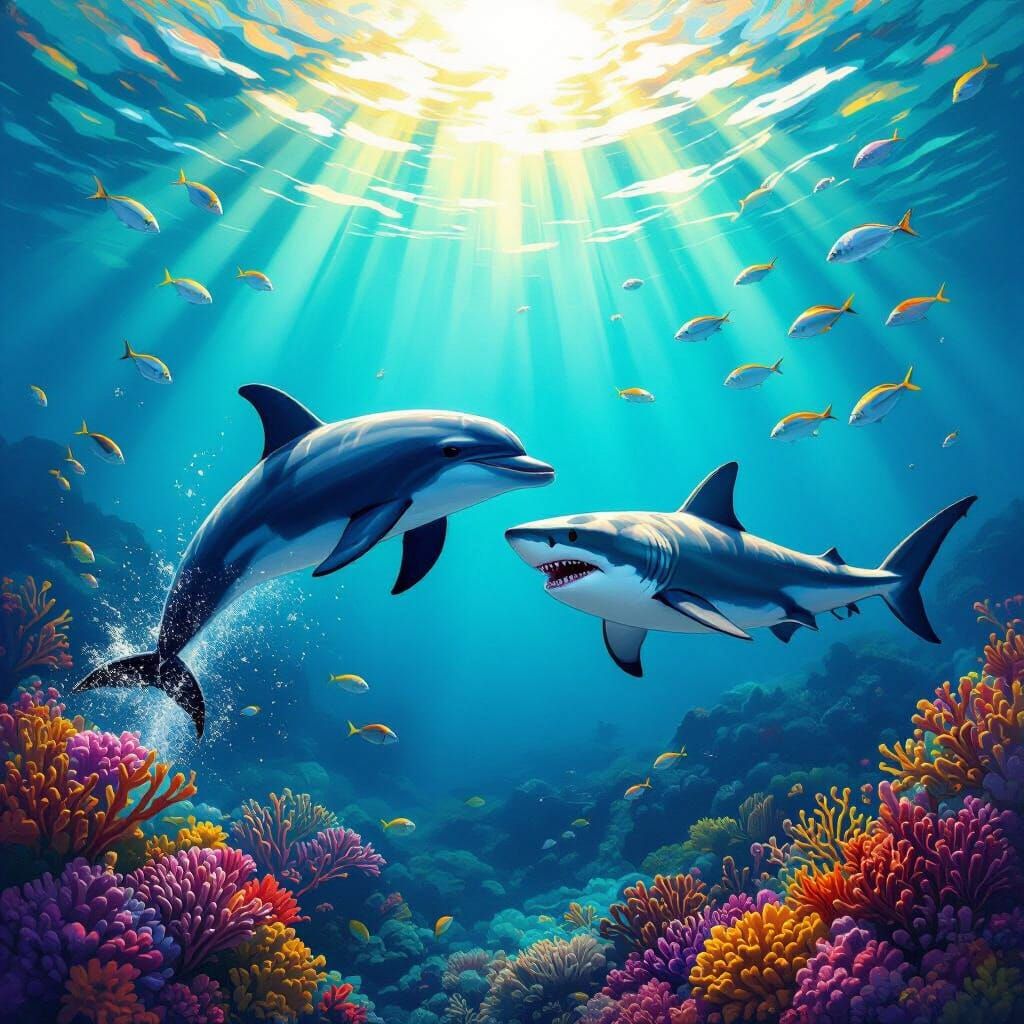 Dolphin Chases Panicked Shark in Sunlit Coral Reefs