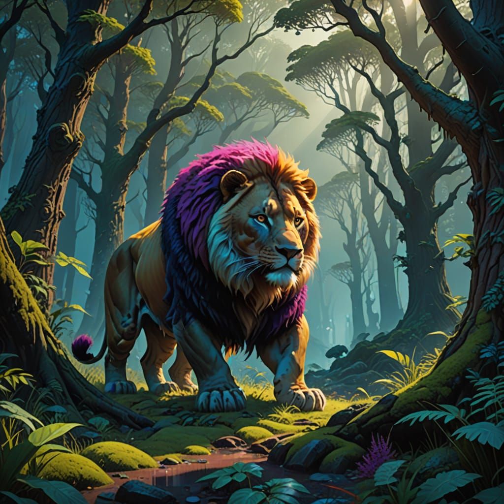 Fantastical Lion-Panda Hybrid in Mystical Forest Realm