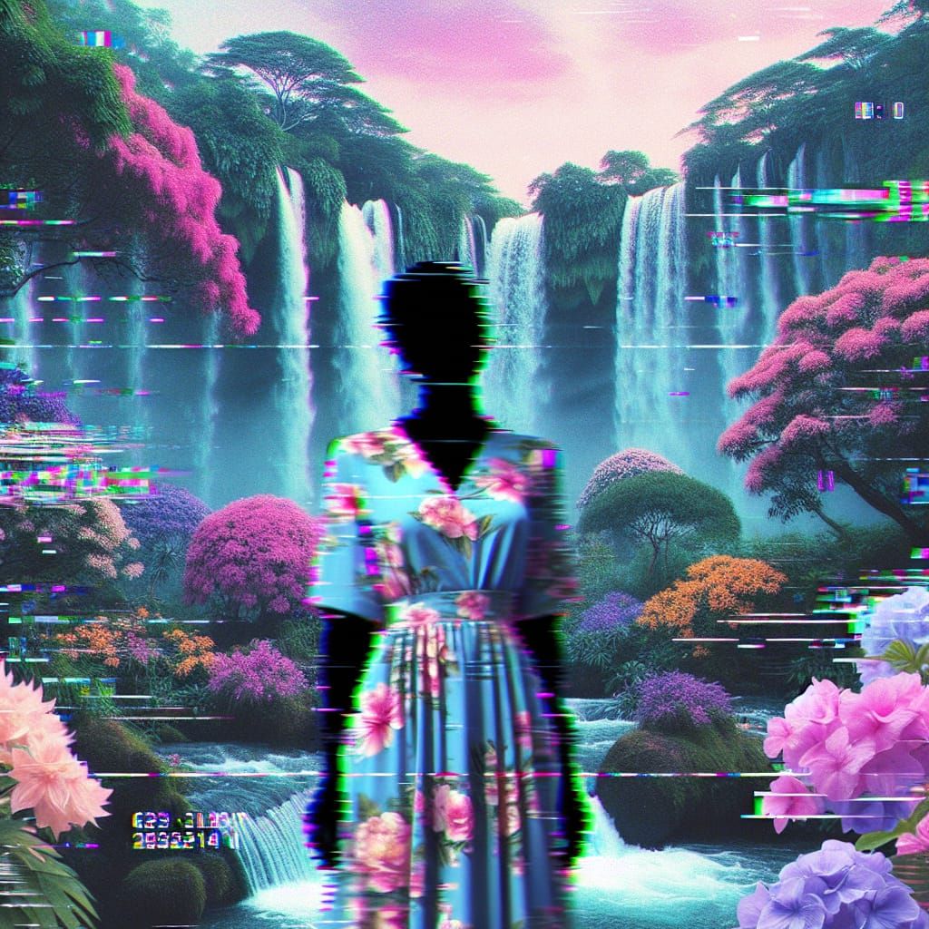 Ethereal Waterfall Garden in Glitchcore Style