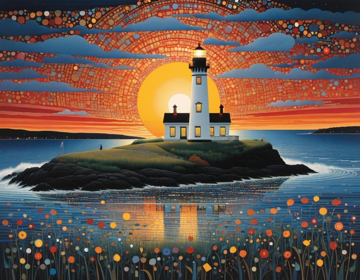 Lighthouse Sunset in Mid-Century Modern Style