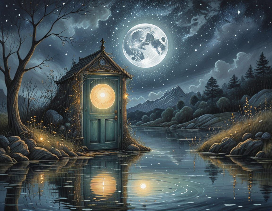 Mysterious Lakeside Door at Night: Cartoon Drawing
