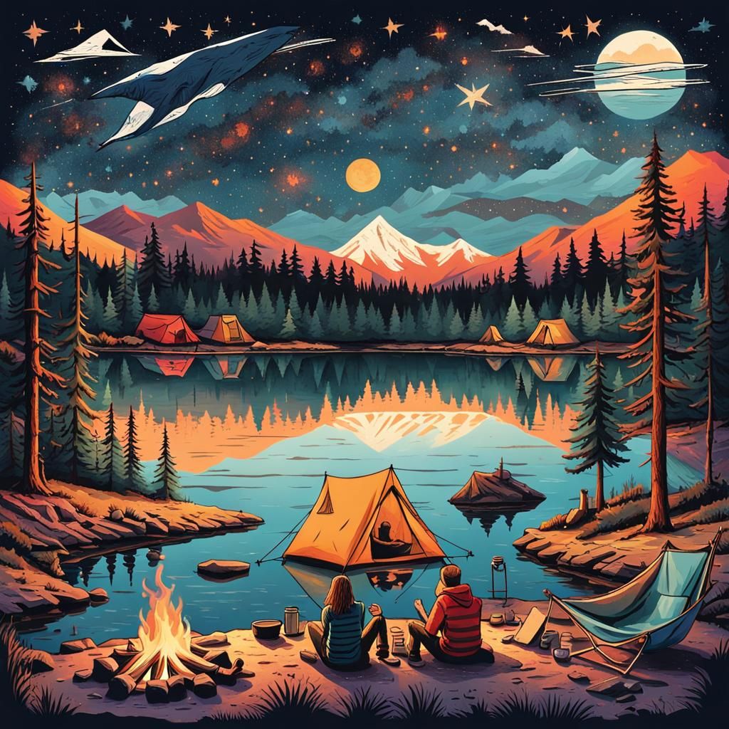 Cozy Campsites at Night in Punk Collage Style