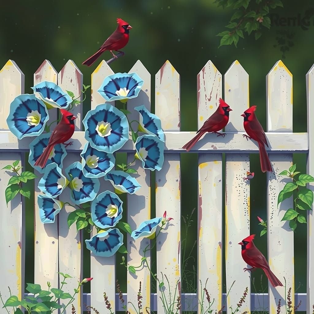 Cardinal Among Morning Glories: Hyper-Realistic Digital Art