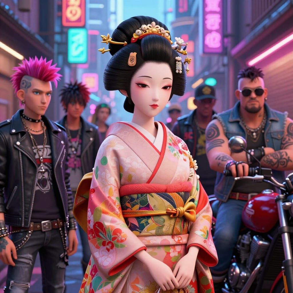 Geisha Amidst Punks and Bikers in Neon City