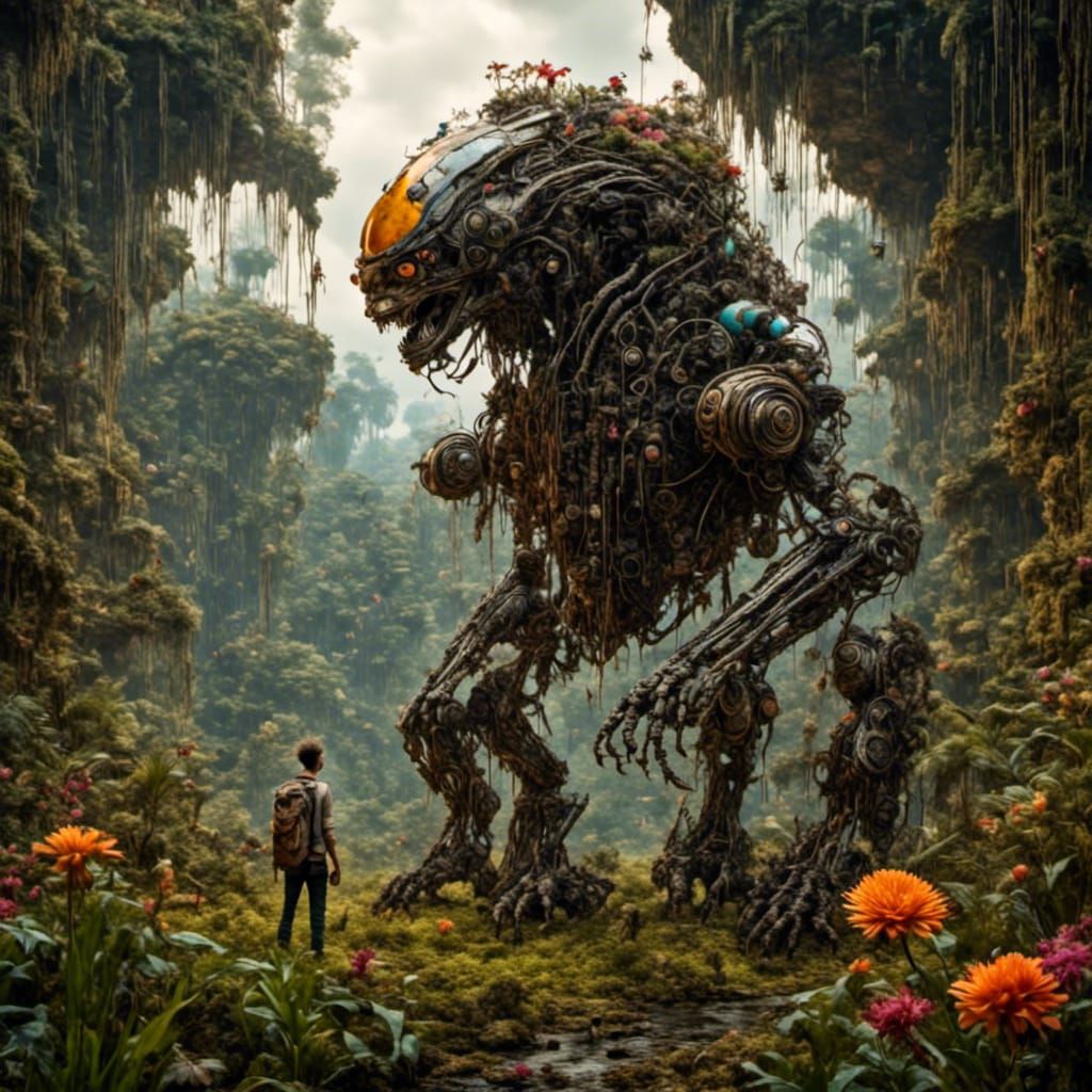 Alien Jungle Bots Juxtaposed with Pastel Flowers