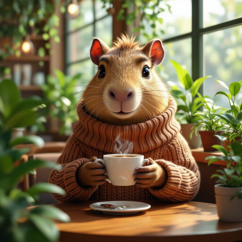 Cozy Capybara Cafe Scene in Anime Style