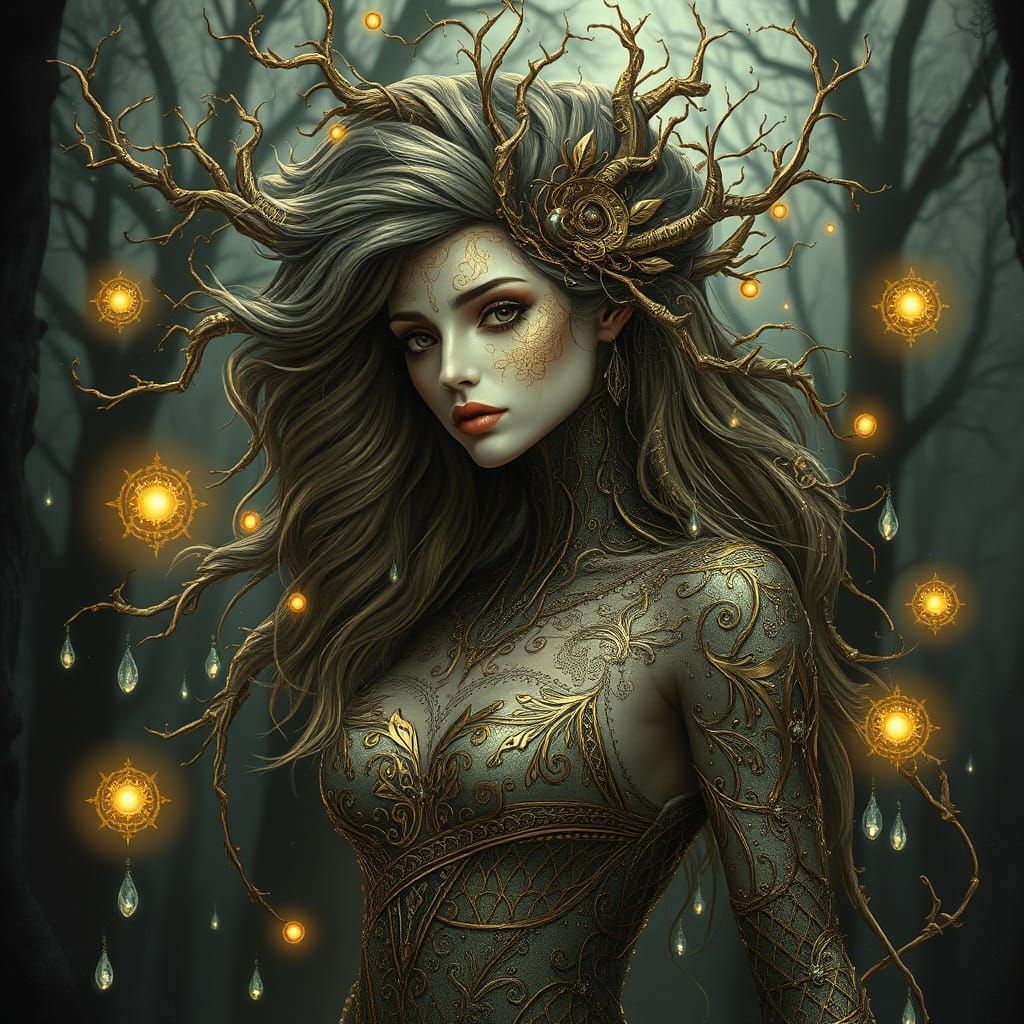 Enchanting Woodland Goddess with Luminous Aura