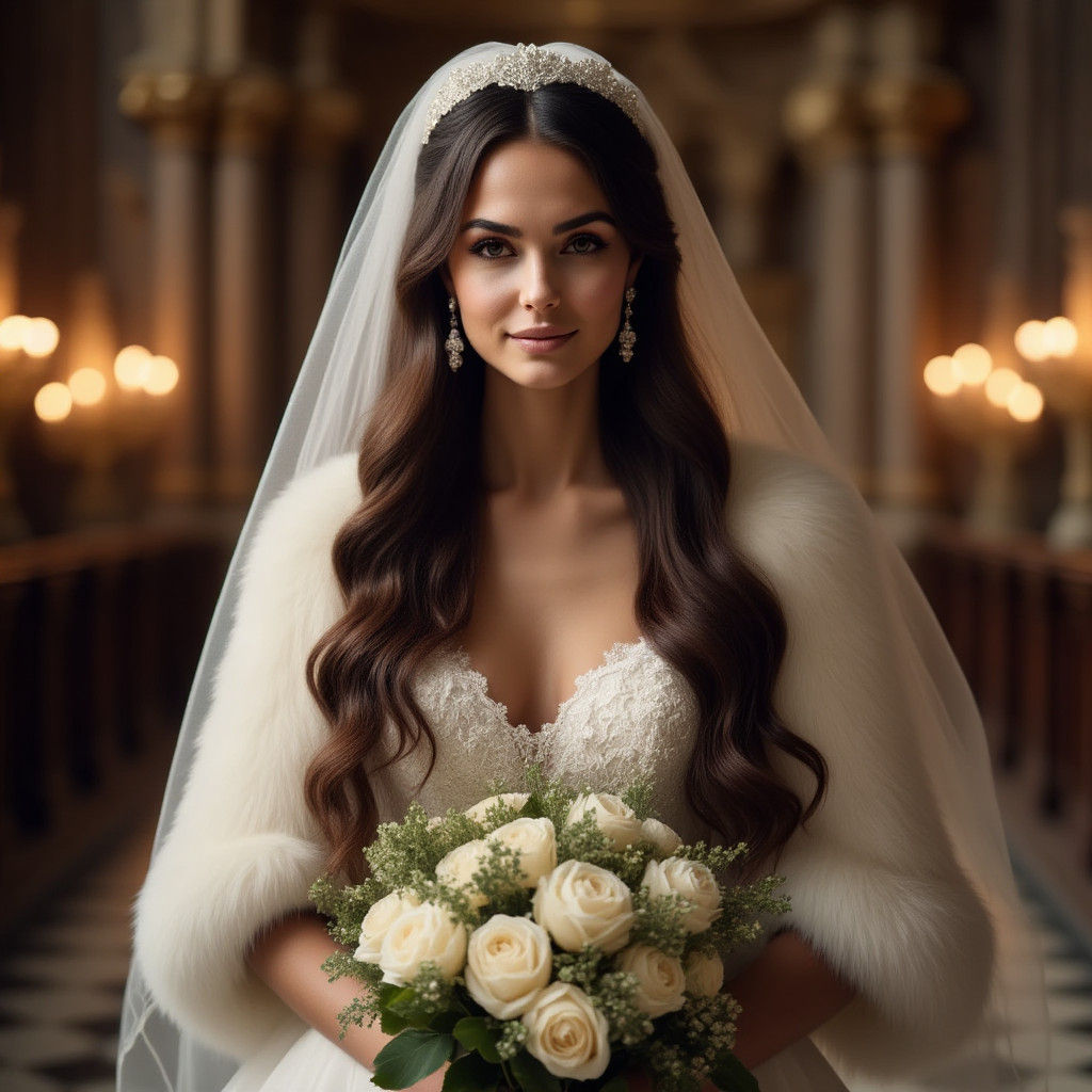 Romantic Bride in Church Aisle, Pre-Raphaelite Style