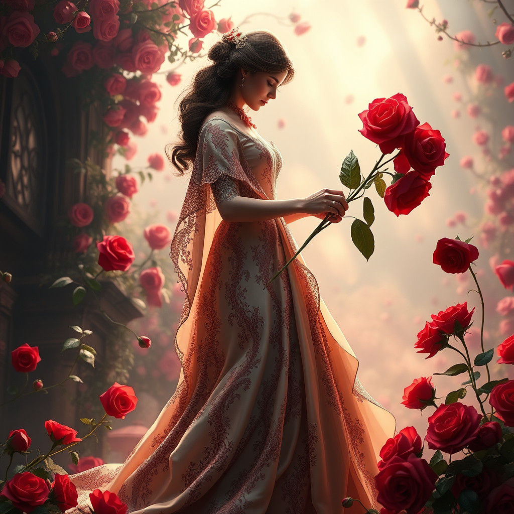 Elegant Victorian Rose Weaver in Whimsical Landscape