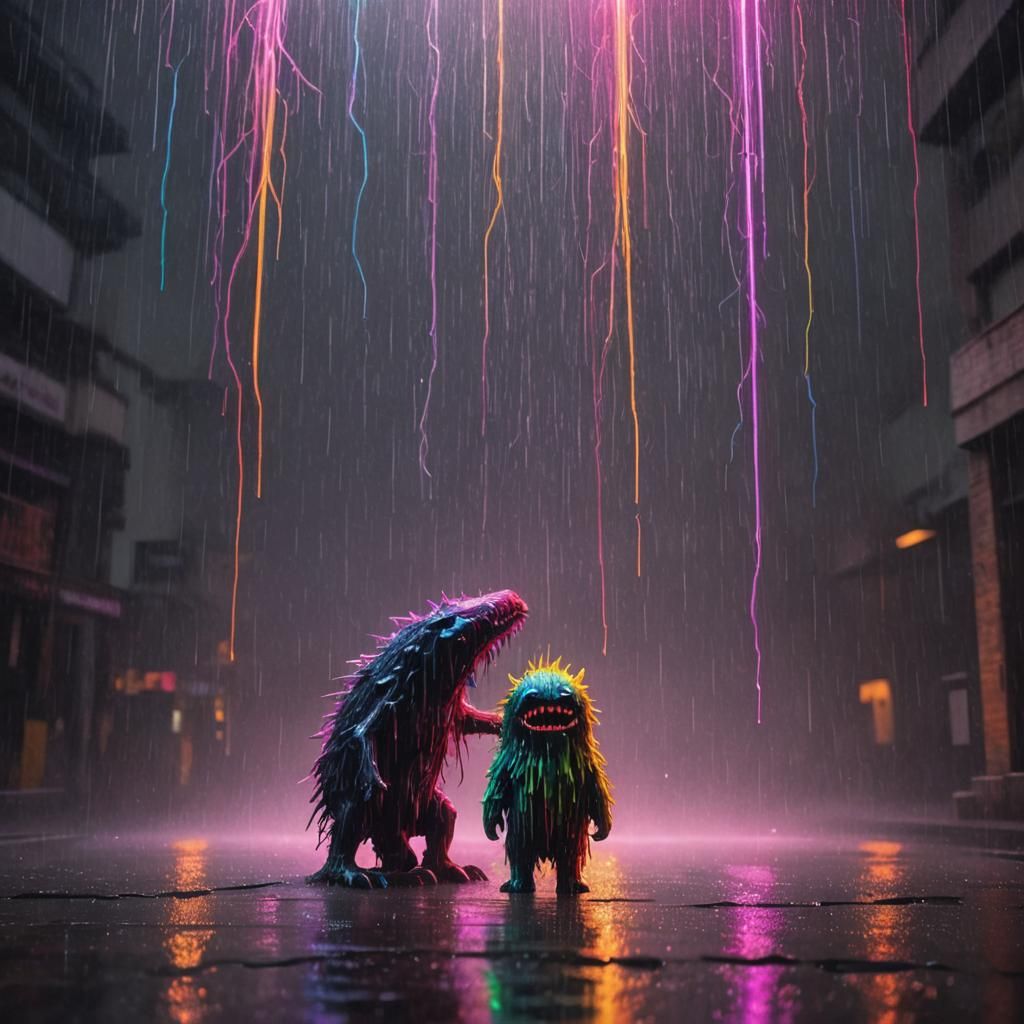Neon Rain Illuminates a Shadowy Monster