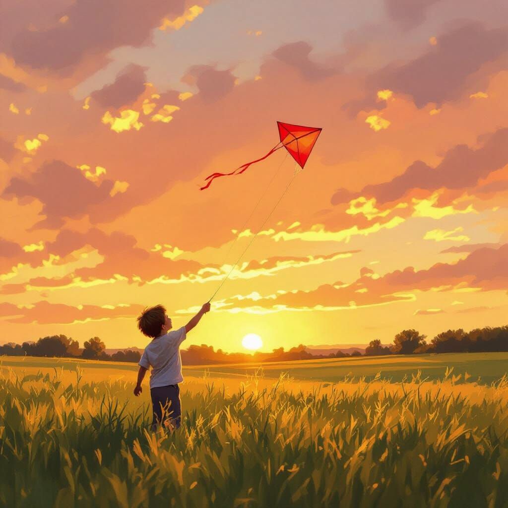 Boy Flying Kite Under Vibrant Sunset Sky