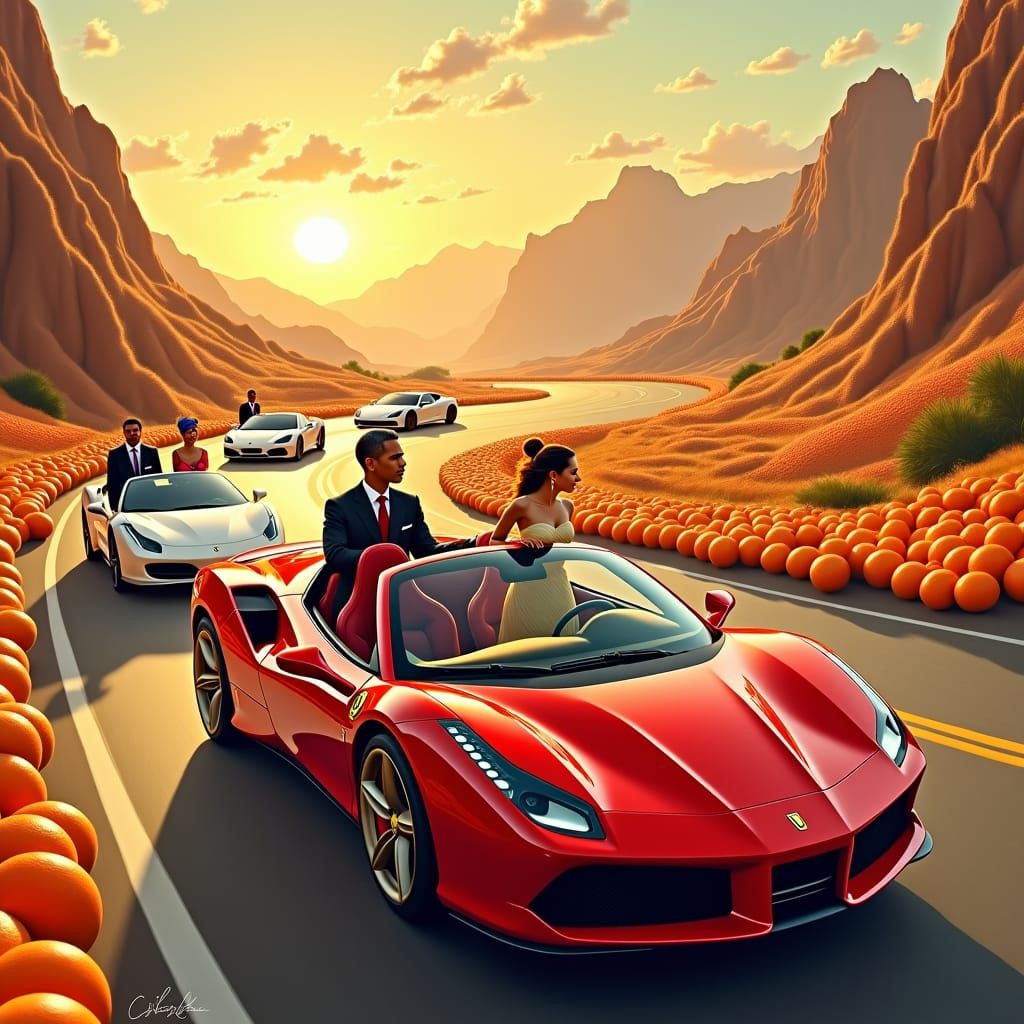 Hyperrealistic Race with Presidents in Tangerine Landscape