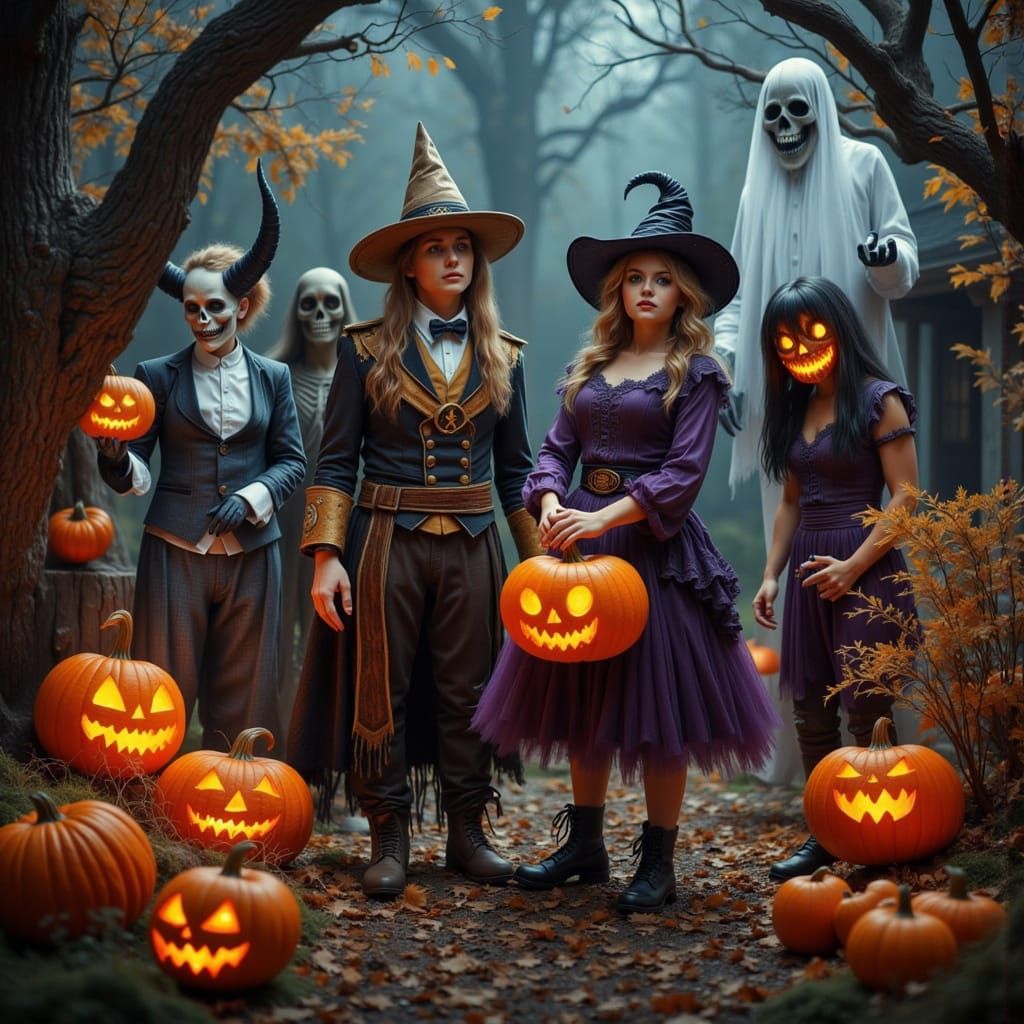 Spooky Halloween Yard Party With Ghosts and Jack-o'-lanterns