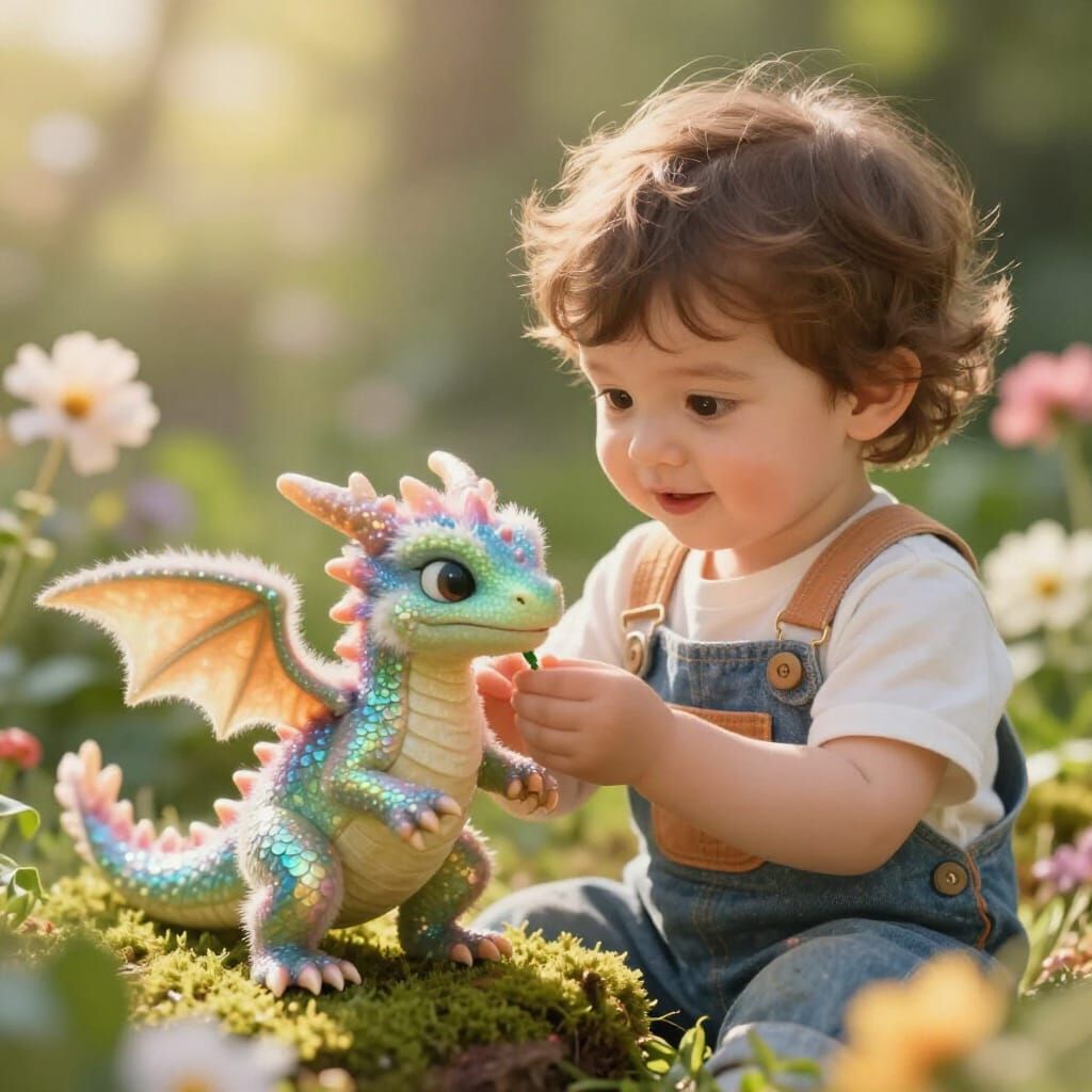 Child and Baby Dragon in Sunny Garden