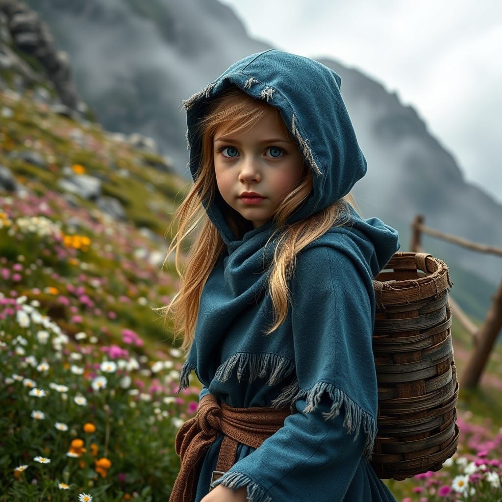 Blonde Maiden Braving Alpine Terrain in Photorealistic Style