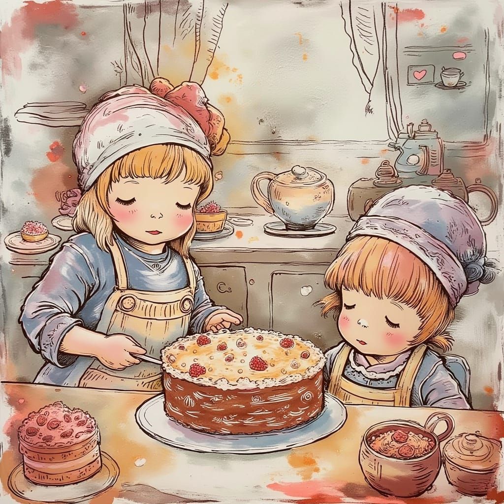 Children's Joyful Baking Scene in Whimsical Style
