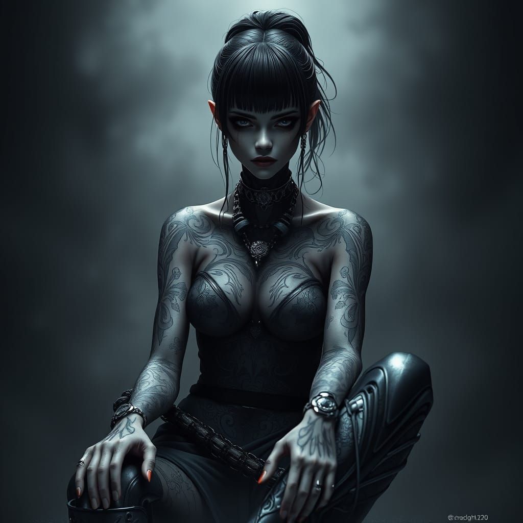 Dark Enigma: A Cyberpunk Goddess in Contemplation