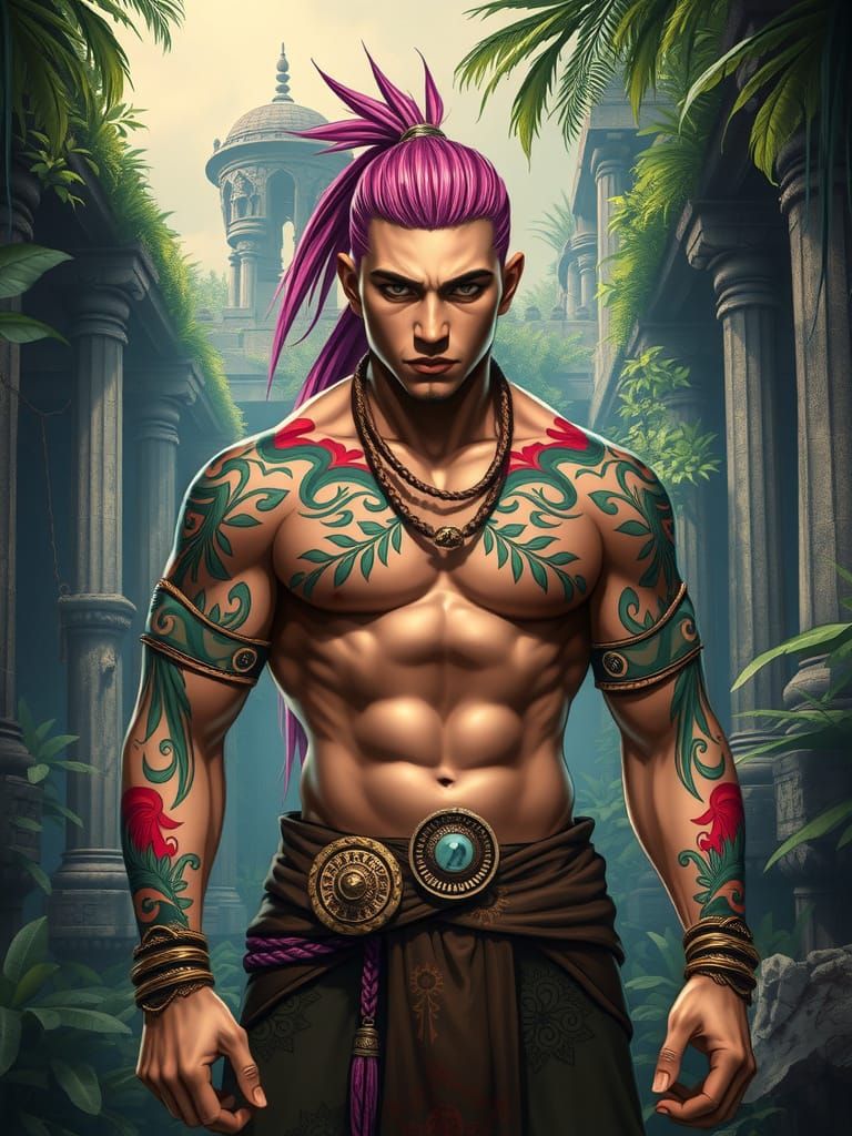 Triumphant Tribal Warrior Amidst Ancient Ruins