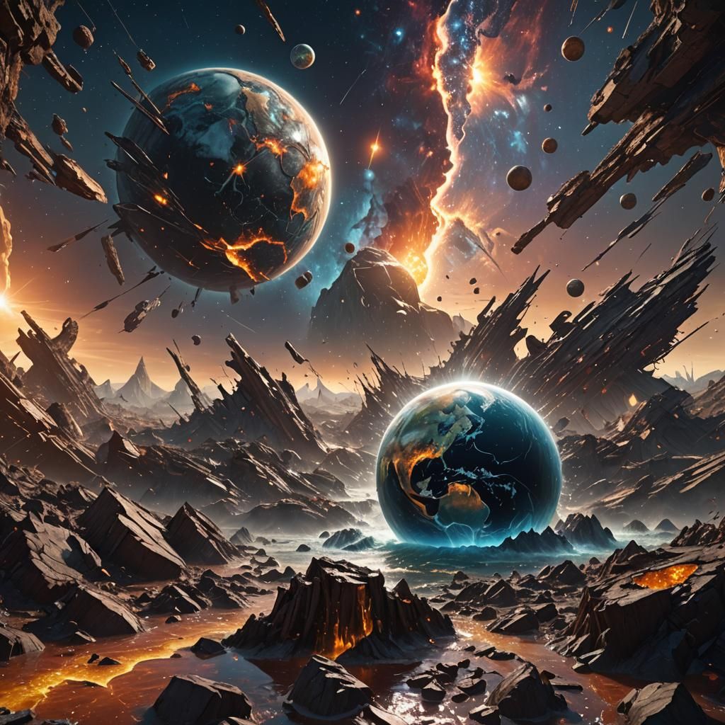 Shattered Earth Leaking Water into Collapsing Universe