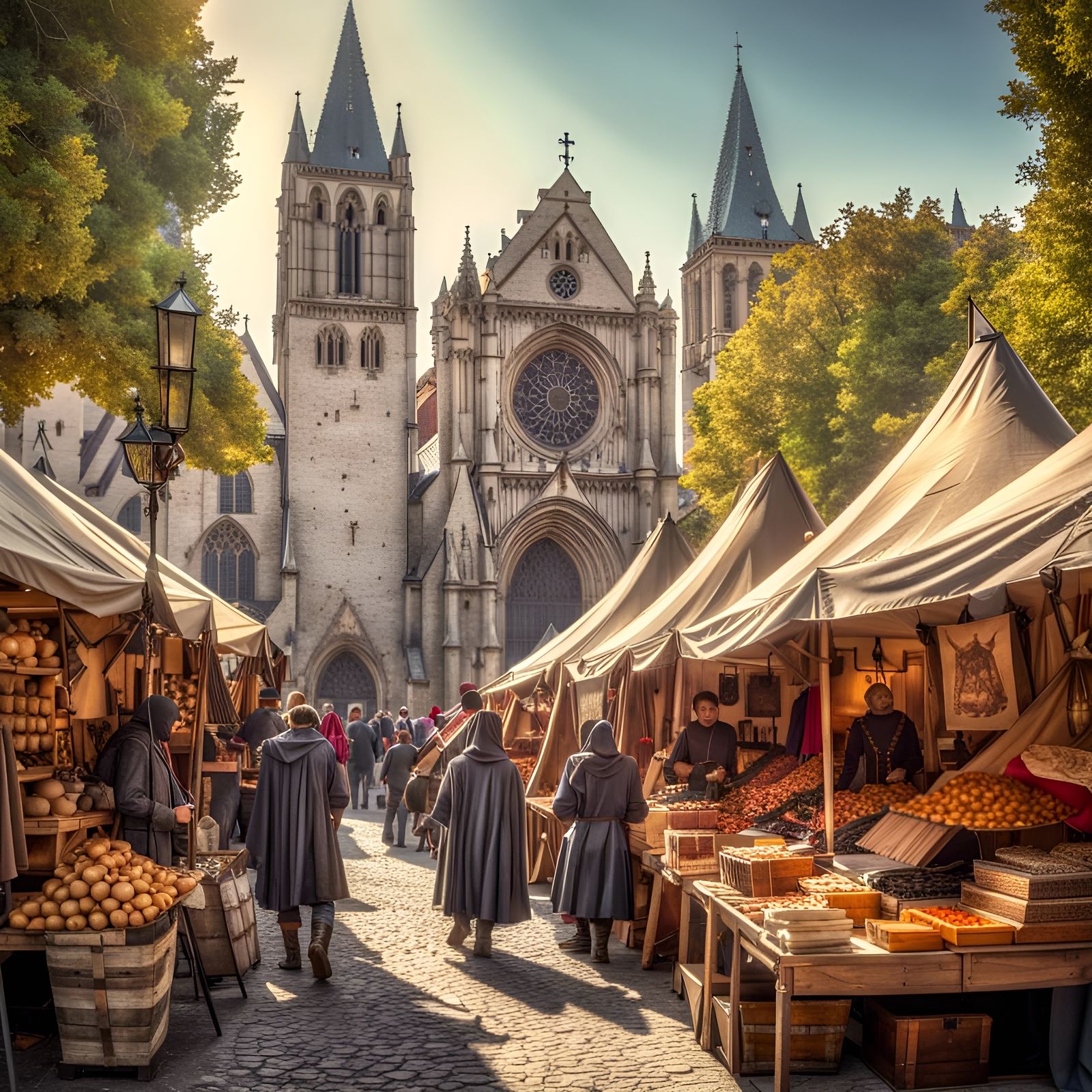 Vibrant Medieval Market Scene Before Gothic Church