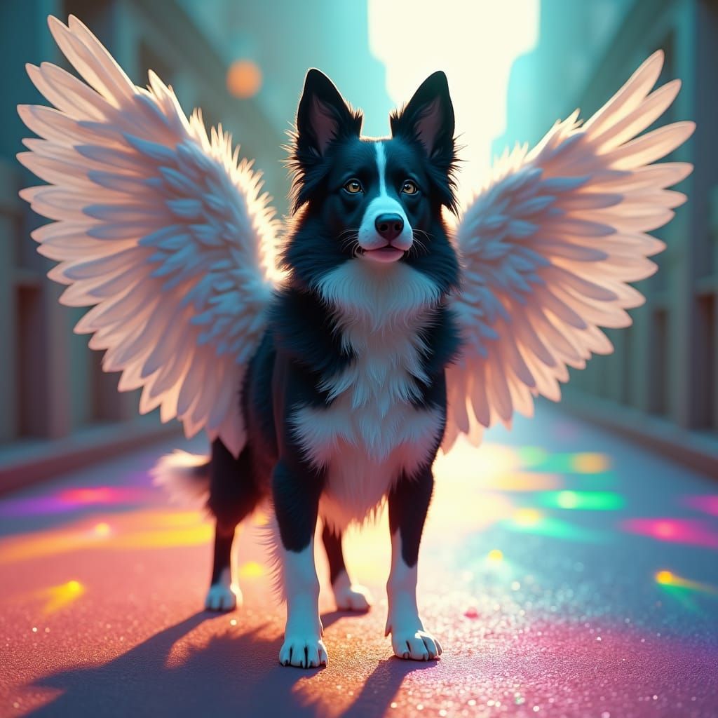 Border Collie with Angel Wings on Rainbow Bridge