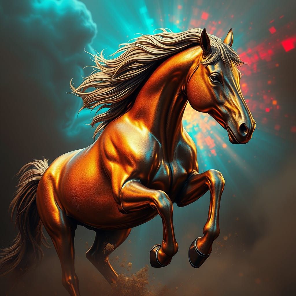 Futuristic Metallic Buckskin Horse in a Vibrant Fantasy Real...