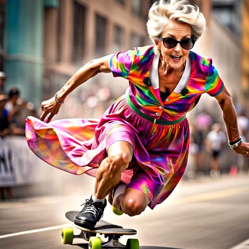 Elegant Woman Speeds Through the Crowd on Skateboard