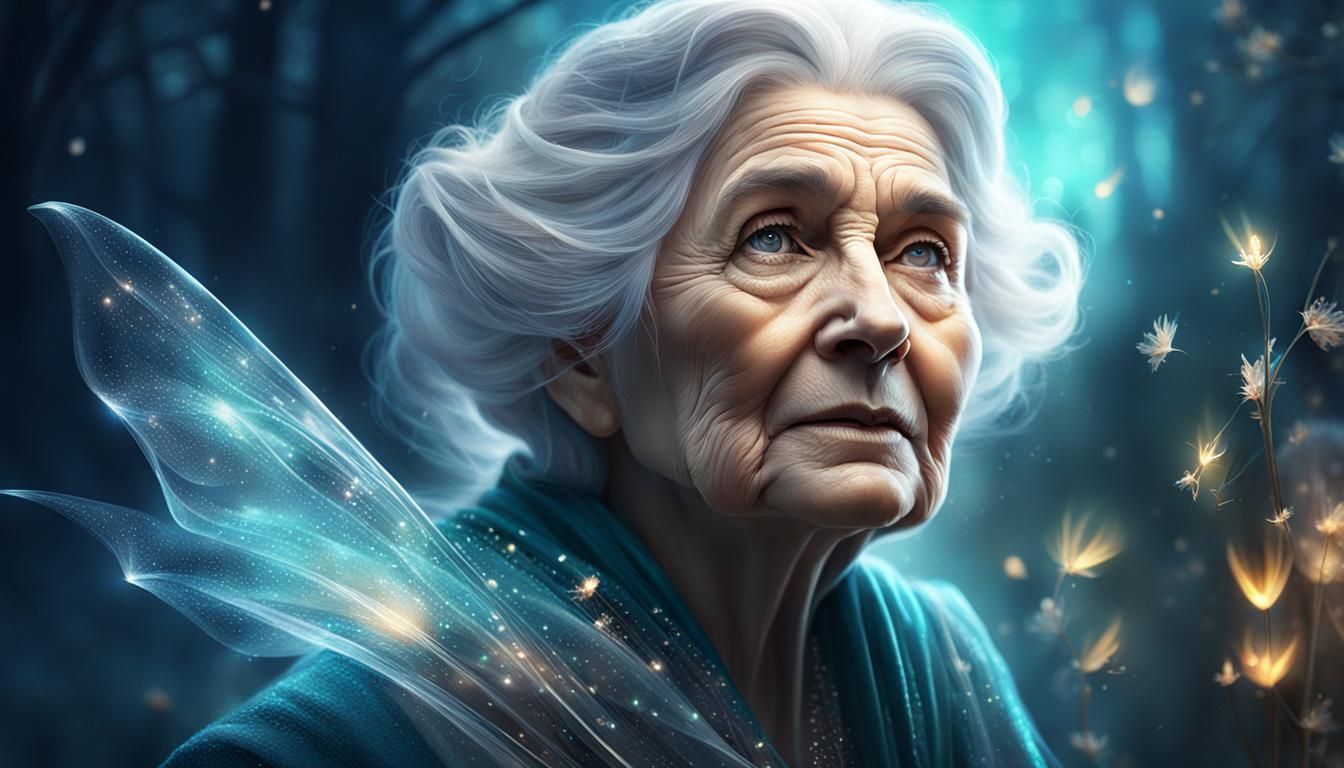 Mystical Old Woman with Glowing Petals Illustration