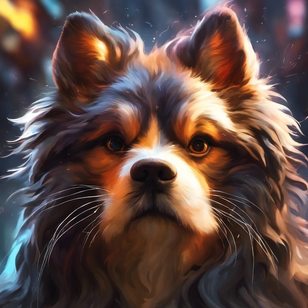 Excited Dog with Fireflies: Hyperdetailed Digital Art