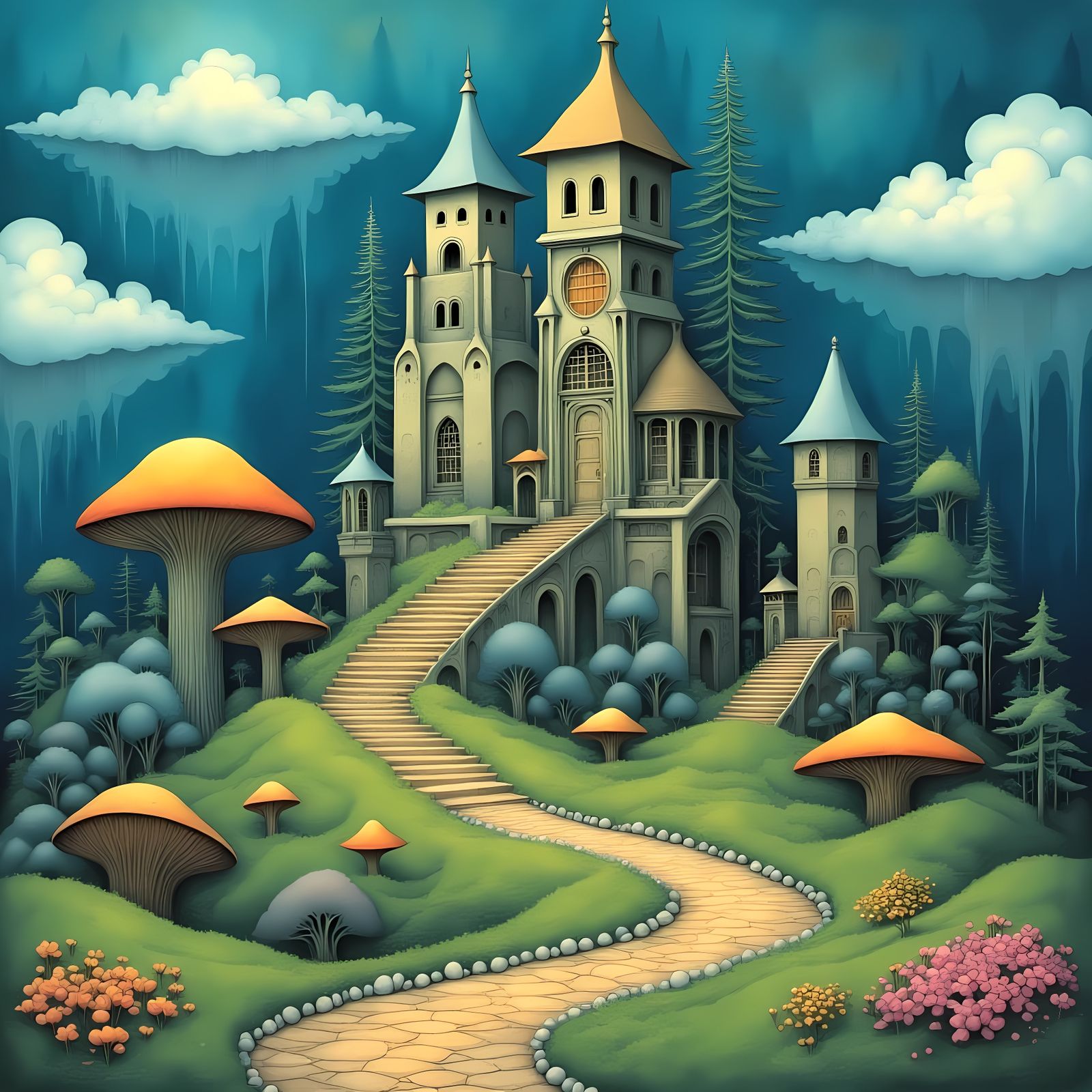 Bonsai Village in Clouds: Gouache Art with Bioluminescence