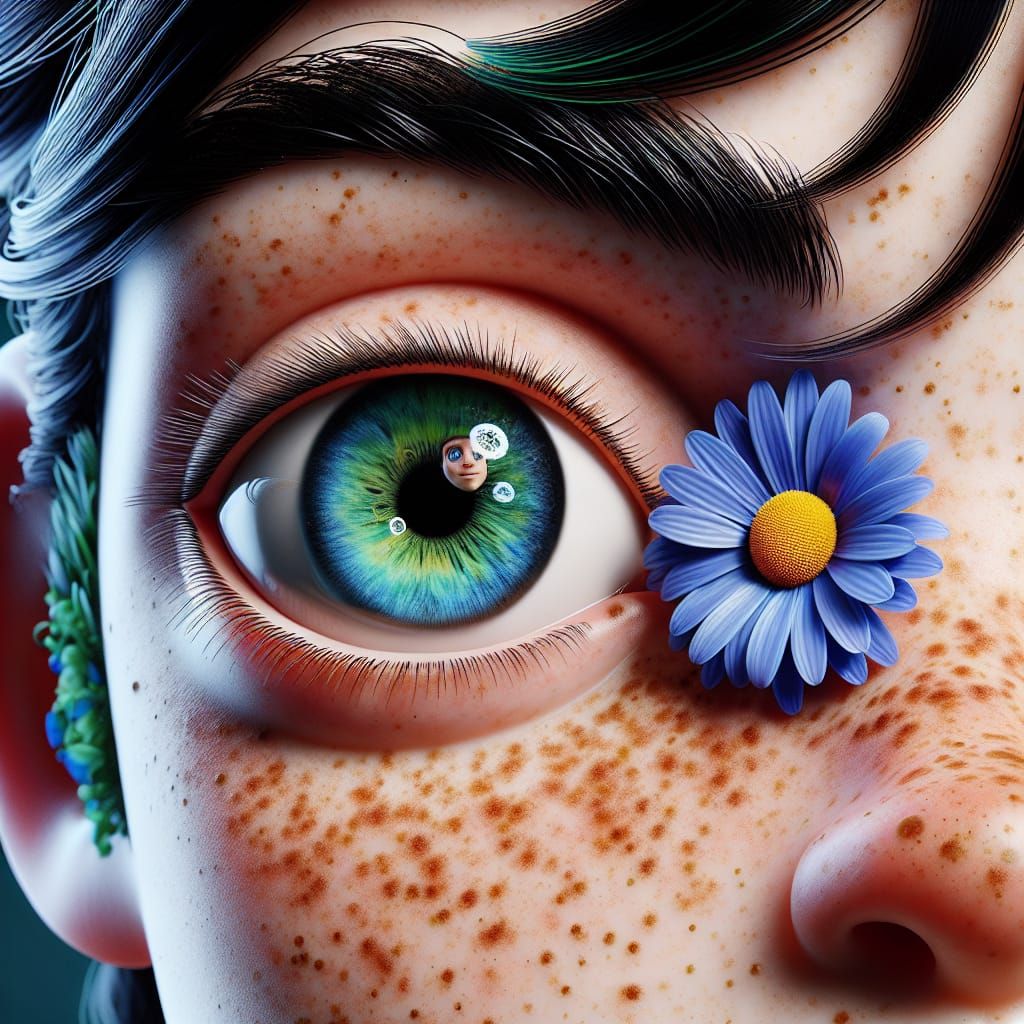 Freckled Girl with Daisy Eye Reflection in 3D Animation