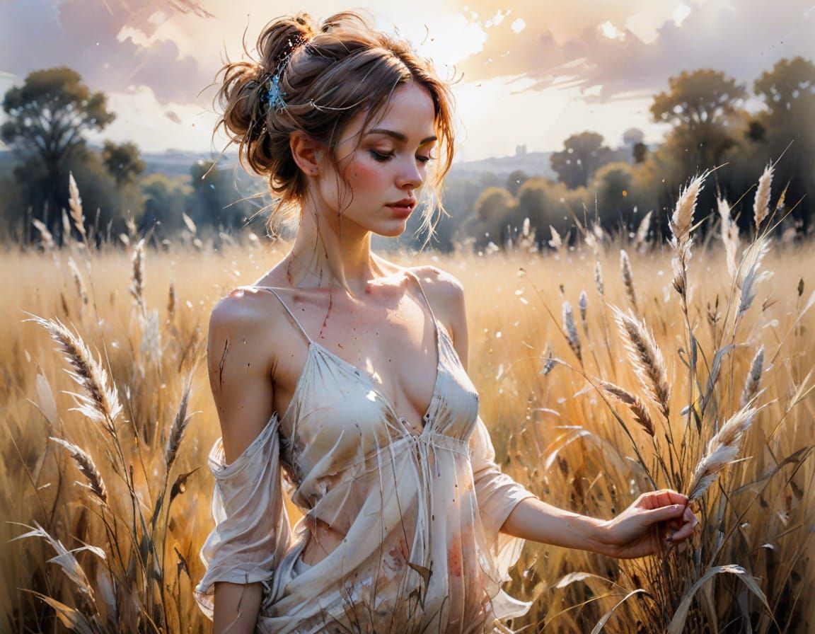 Gentle Fawn in Golden Hour Meadow Watercolor