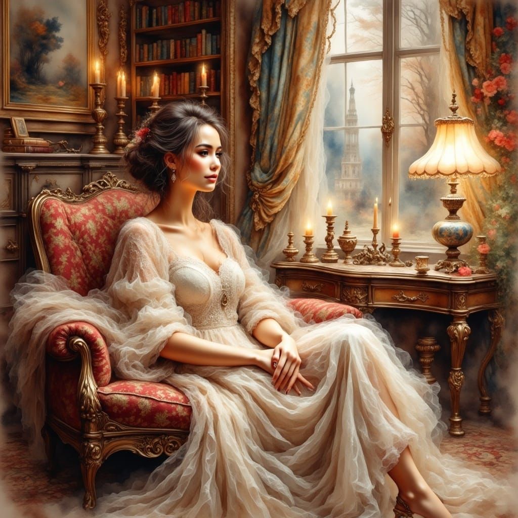 Elegant Woman in Victorian Parlor: Antique Watercolor Style