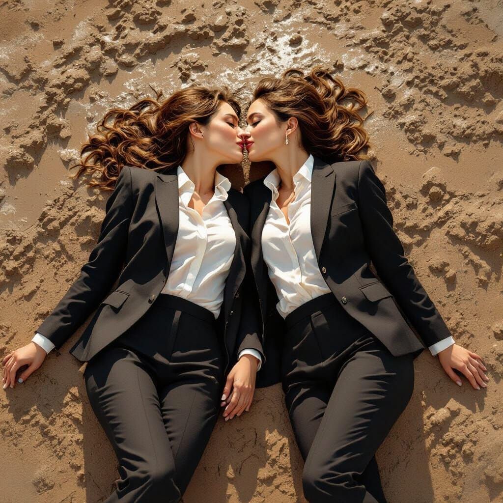 Romantic Mud Kiss: Expressive Portrait of Two Women
