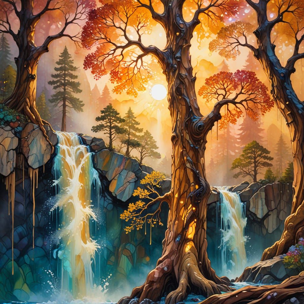 Majestic Waterfall at Sunrise with Klimt-Inspired Patterns