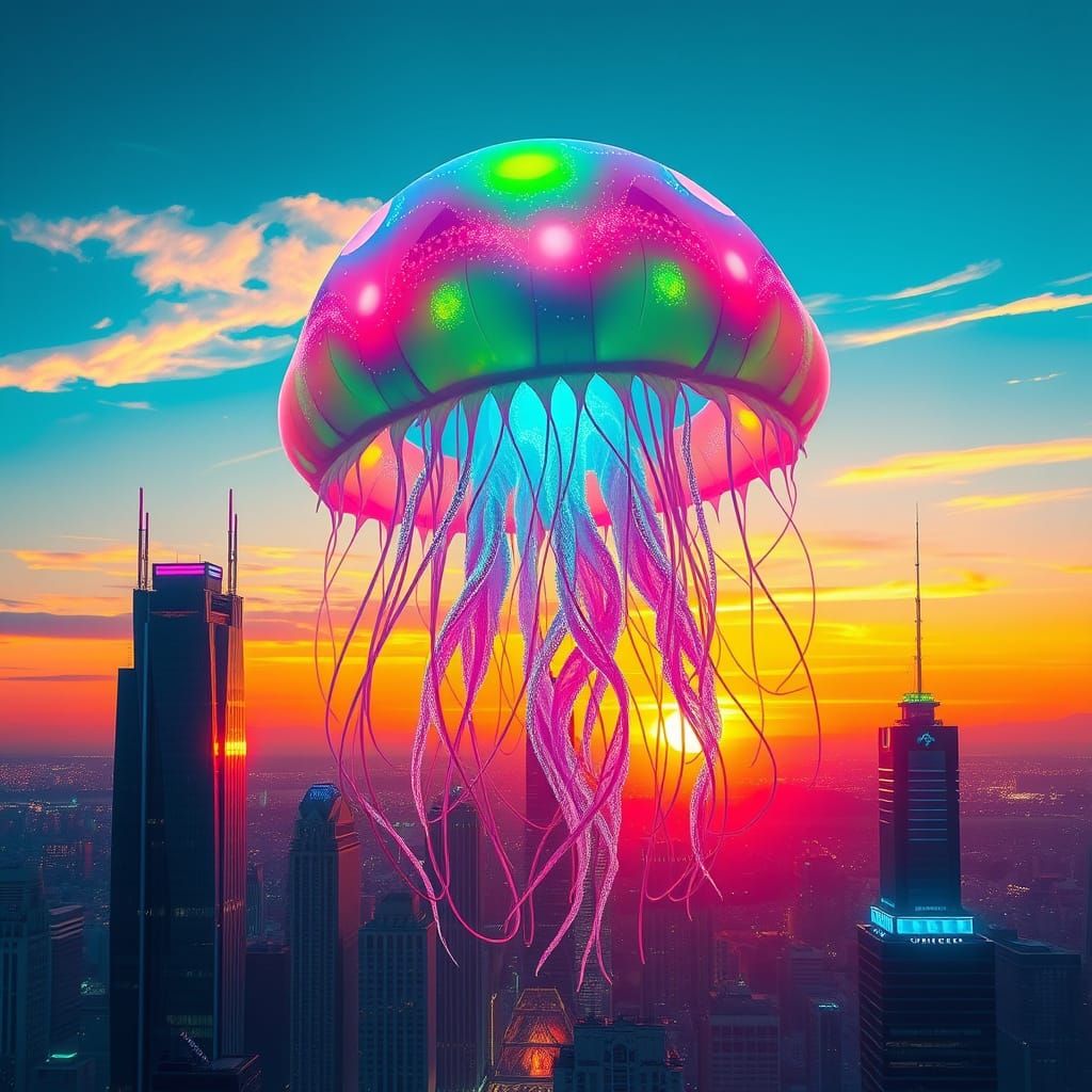 Futuristic Cityscape with Bioluminescent Jellyfish at Sunset
