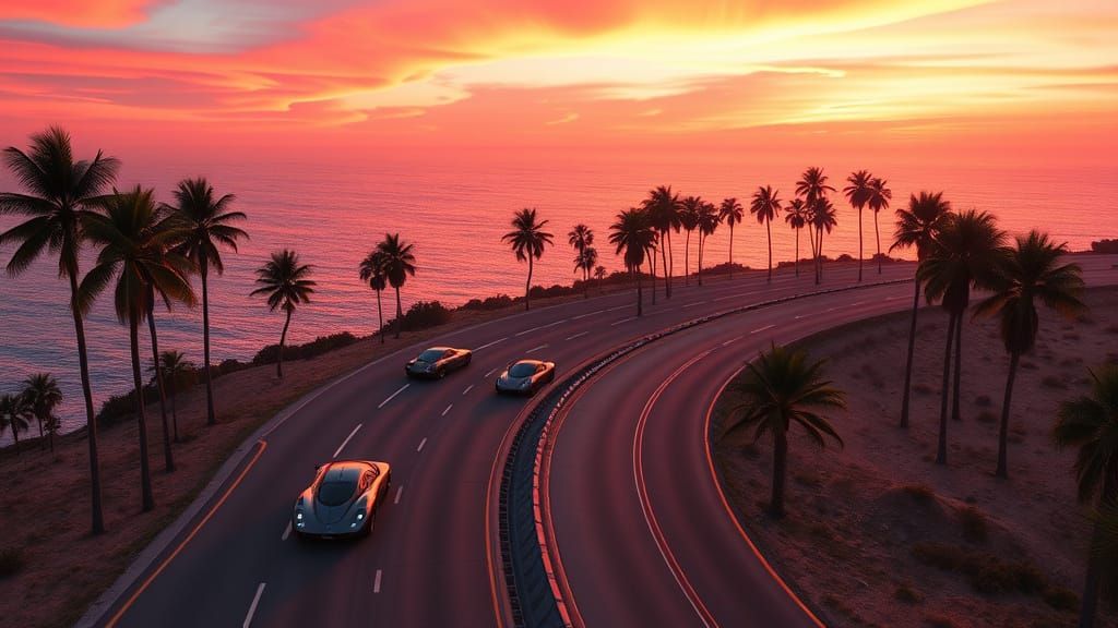 Coastal Highway with Futuristic Cars at Sunset