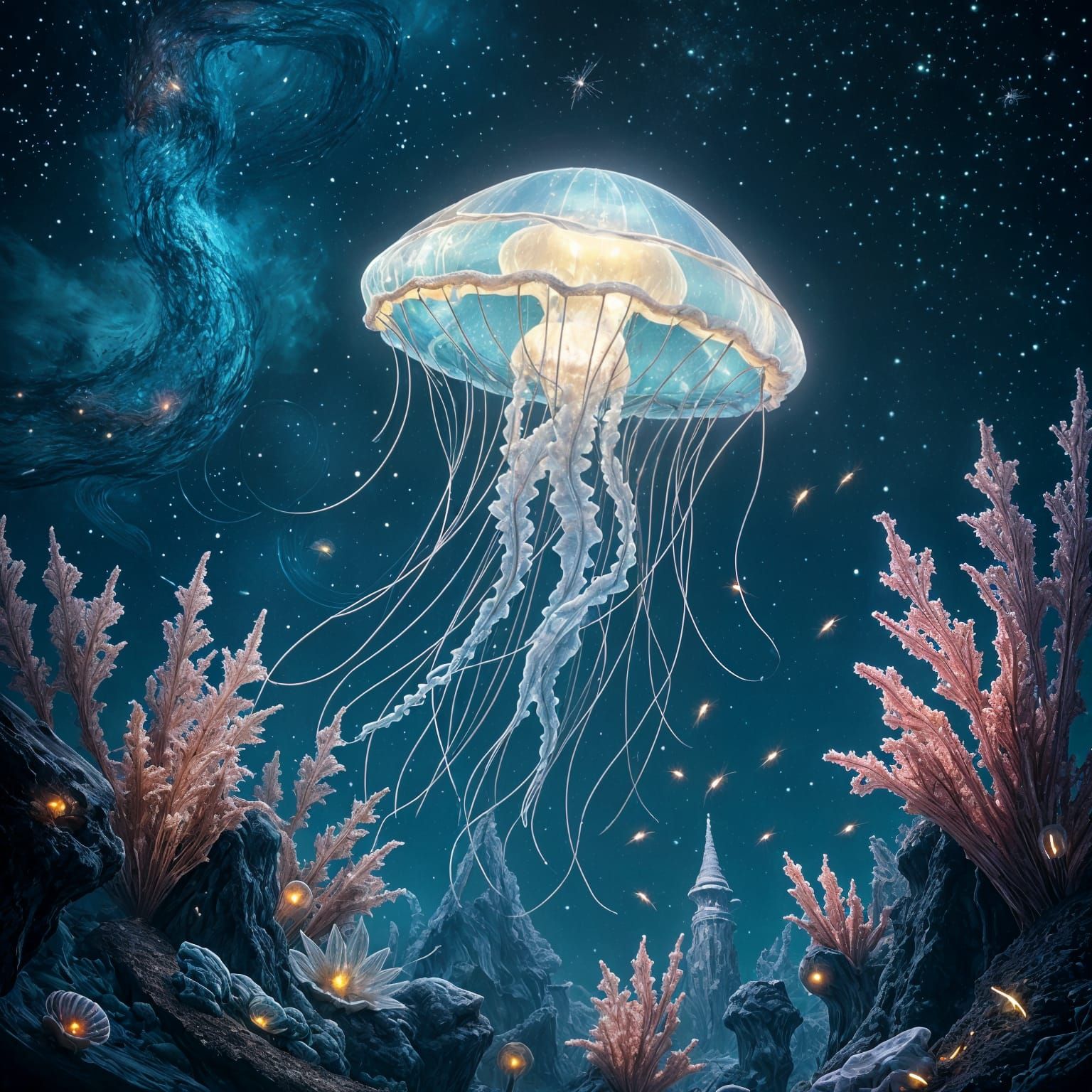 Bioluminescent Jellyfish Drifts Through Alien Ocean