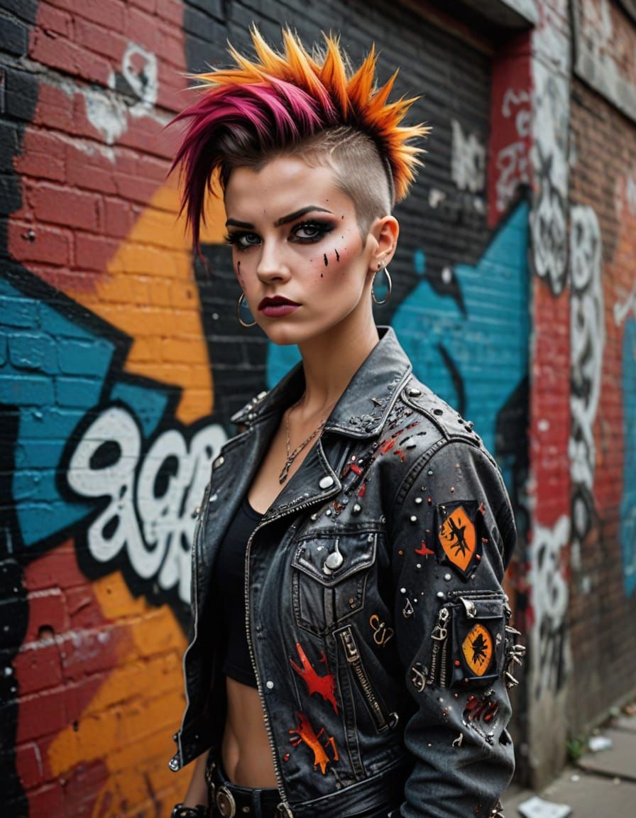 Fearless Woman in Punk-Inspired Attire, Graffiti Backdrop