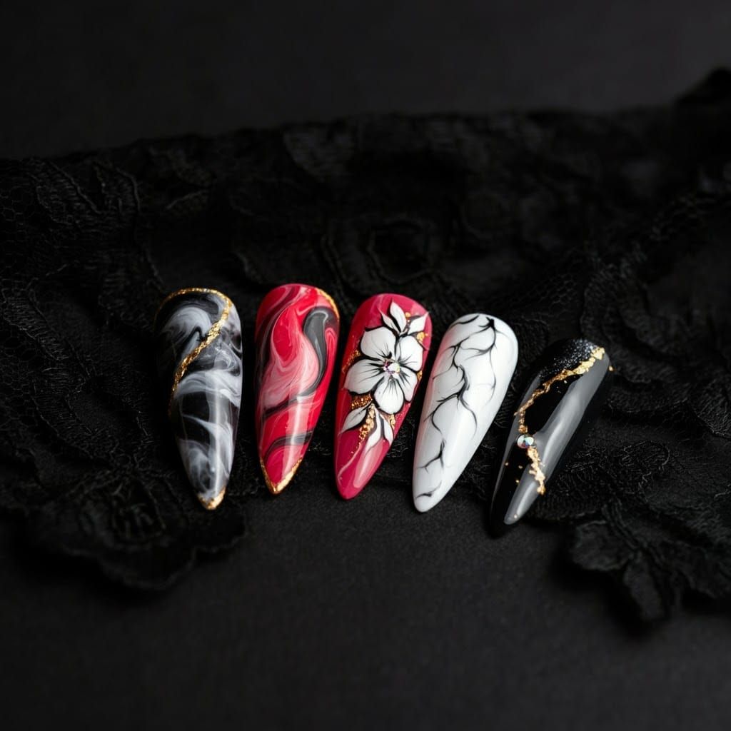 Elegant Stiletto Nails with Intricate Art Designs